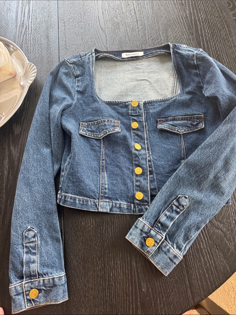 Reformation Dark Blue Denim Cropped Jacket with Gold Buttons